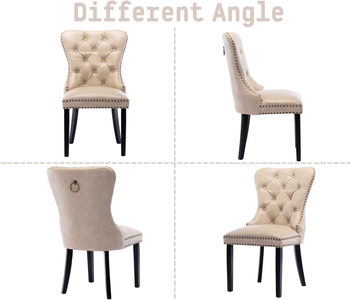 Beige Leather Dining Chairs Set of 4 Mid Century Modern Tufted Chairs Armless Rubber Wood Vintage Chairs Upholstered Nailhead PU Side Chair with Pull Ring for Kitchen/Cafe Decor Furniture