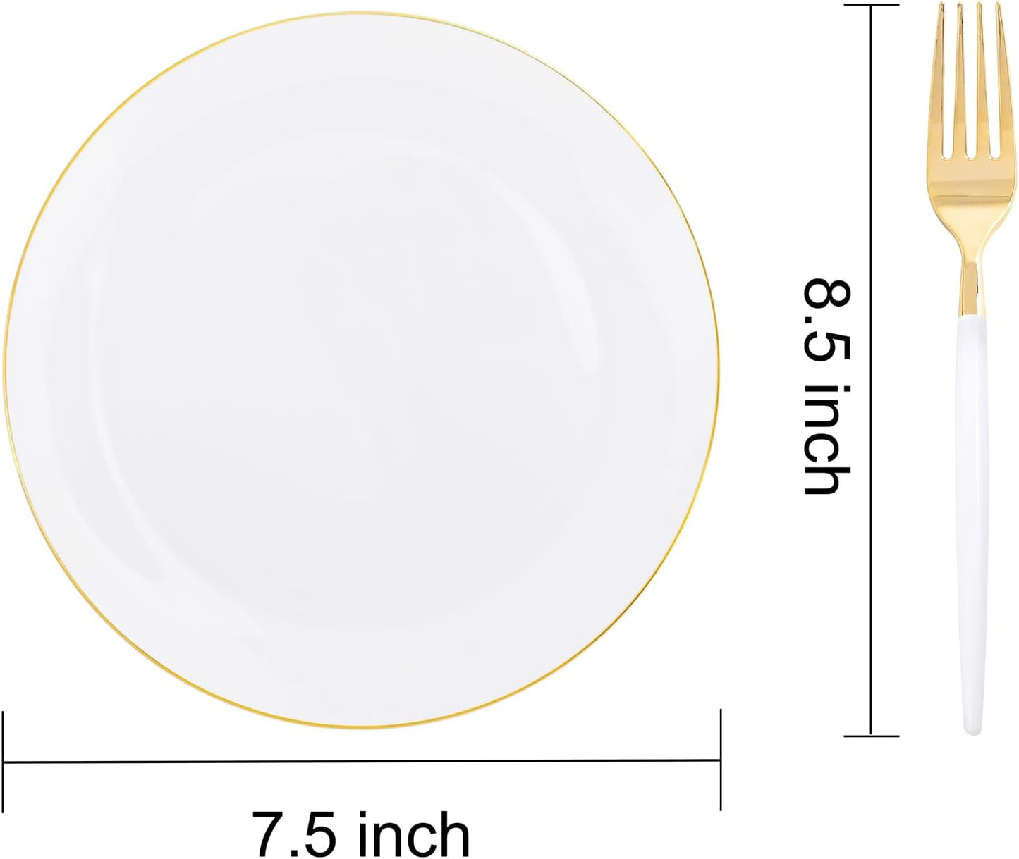 I00000 72PCS White Plastic Dessert Plates 7.5" with 72PCS Disposable Forks 8.5", Disposable White Dessert Plate, Fancy Salad Plates with Gold Rims Perfect for Wedding