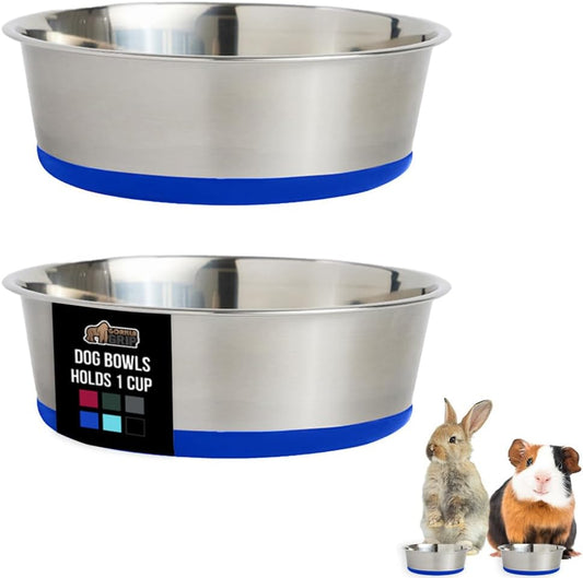 GORILLA GRIP Set of 2 Dog Bowls, Heavy Duty Metal Food and Water Bowl for Feeding Dogs and Cats, Dishwasher Safe, Rust Resistant Stainless Steel, BPA Free Rubber Base, Holds 1 Cup (8 fl oz), Blue