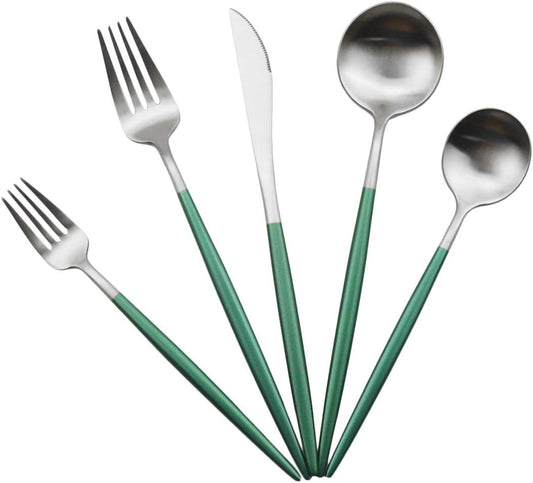 Gugrida Luxury Flatware, Royal 20 Piece Matte White Handle 18/10 Stainless Steel Tableware Sets for 4 Including Forks Spoons Knives, Camping Silverware Travel Utensils Set Cutlery (Green Silver)