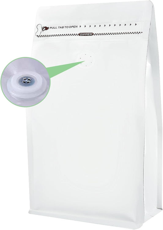 REMTAP Coffee Bags with Valve(100pcs,12 oz) white High Barrier Aluminumed Foil Flat Bottom Standing Coffee Beans Storage Bags,Reusable Heat Sealable Side Zipper Pouches for Home or Store