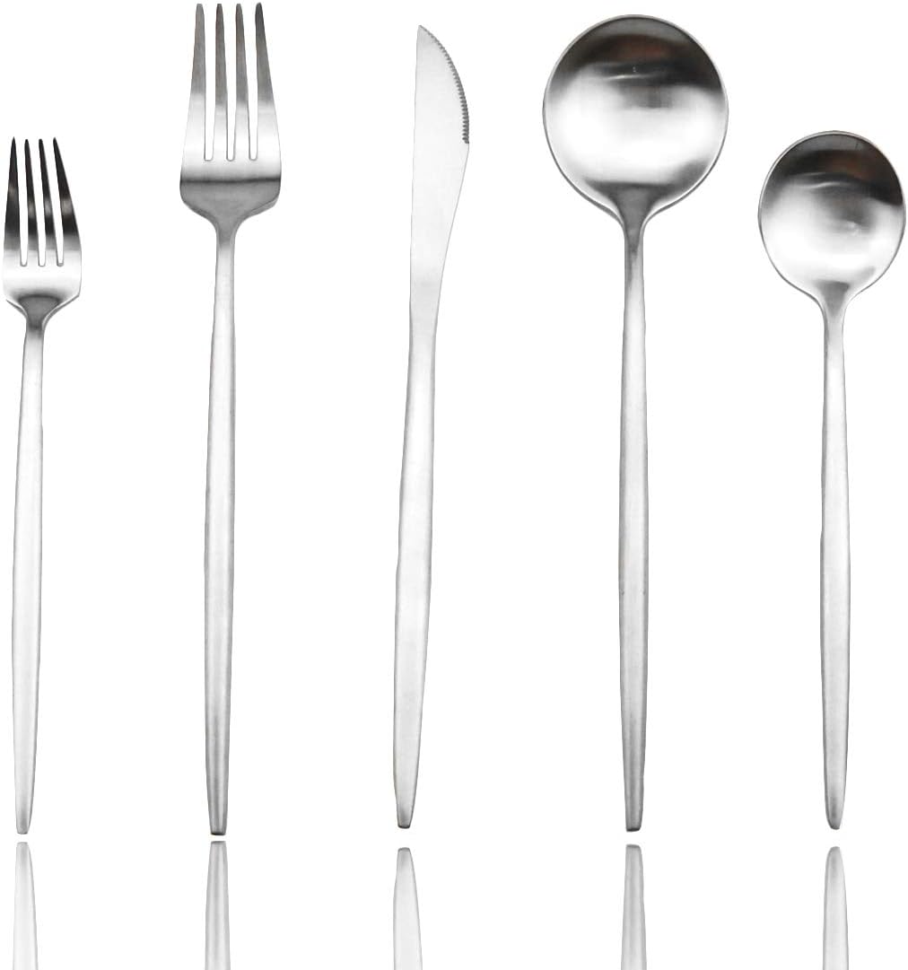 JASHII Royal Silverware Set, Matte 20 Pieces Food Grade 18/10 Stainless Steel Flatware Set Include Fork Spoon Knife Teasppons Utensils for Daily Use and Party, Service for 4, Anti Rust(Silver,4)