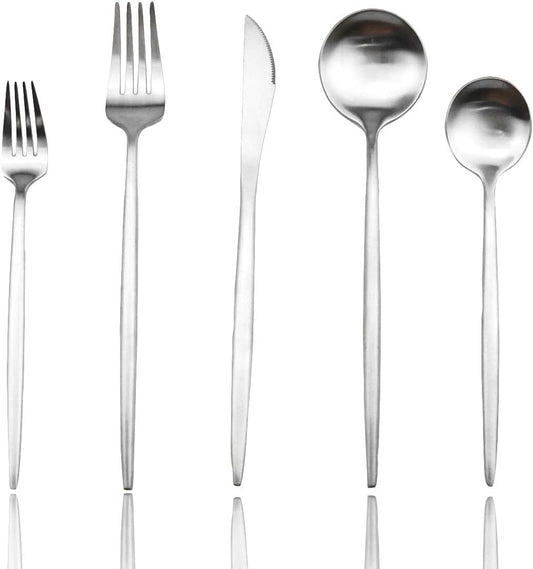 JASHII Royal Silverware Set, Matte 20 Pieces Food Grade 18/10 Stainless Steel Flatware Set Include Fork Spoon Knife Teasppons Utensils for Daily Use and Party, Service for 4, Anti Rust(Silver,4)