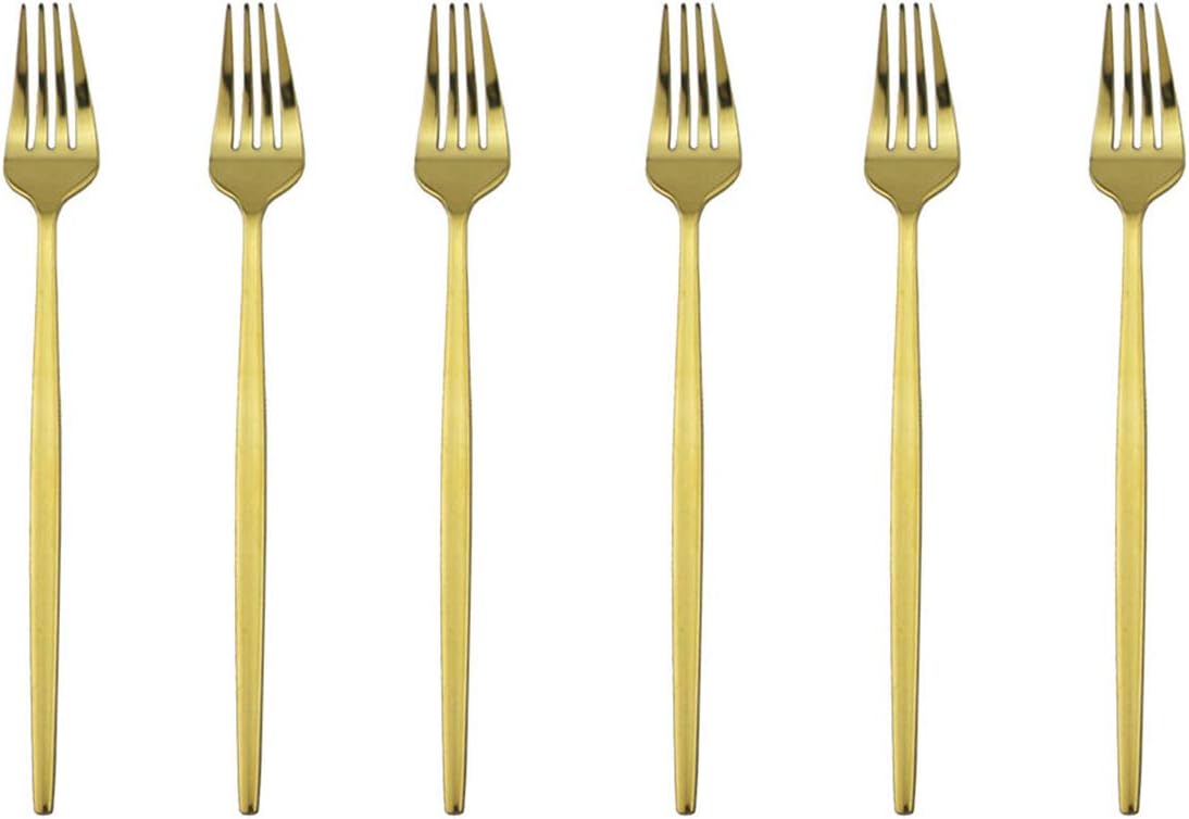 Gugrida Mirror Polished Gold Royal Dessert Fork Salad Forks Medium Forks, Light weight design Stainless Steel Flatware Cutlery Set for 6, 7.28-Inch