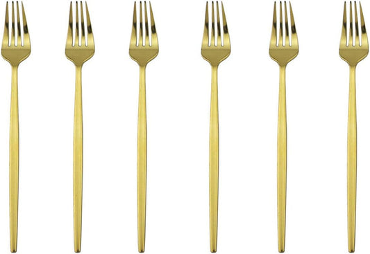 Gugrida Mirror Polished Gold Royal Dessert Fork Salad Forks Medium Forks, Light weight design Stainless Steel Flatware Cutlery Set for 6, 7.28-Inch