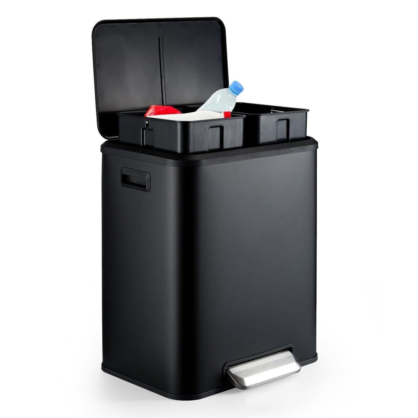 Garvee Dual Trash Can for Recycling and Trash, Stainless Steel Kitchen Trash Can with Lid and Foot Pedal, Double Compartment Garbage Can, with Recycling Bin (Black, 8 Gallon(2x4Gal))