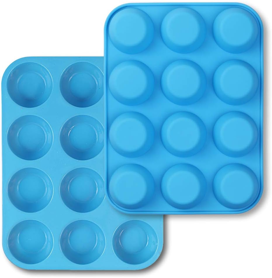 homEdge 12-Cup Silicone Muffin Pan, Pack of 2 Non-Stick Muffin Molds, Baking Pan for Cupcake, Tarts, Egg Bites-Blue
