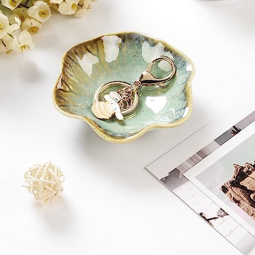 Lotus Leaf Shape Ring Holder Dish, Small Key Bowl, Ceramic Trinket Tray Jewelry Dish Organizing Necklace Earrings for Mom Friend Sister. All Jewelries Are NOT Included. Crystal Green.