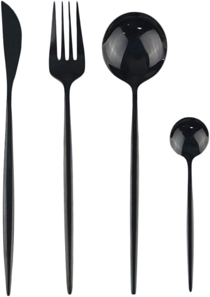 24-Piece Flatware Set, 18/0 Stainless Steel Knife Fork Spoon Teaspoon Silverware Set, Service for 6, Mirror Black