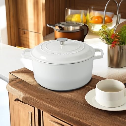 Enameled Cast Iron Dutch Oven Pot With Lid, Dutch Oven for Sourdough Bread Baking Round Pot Dule Handle, 7.5 Quart, White