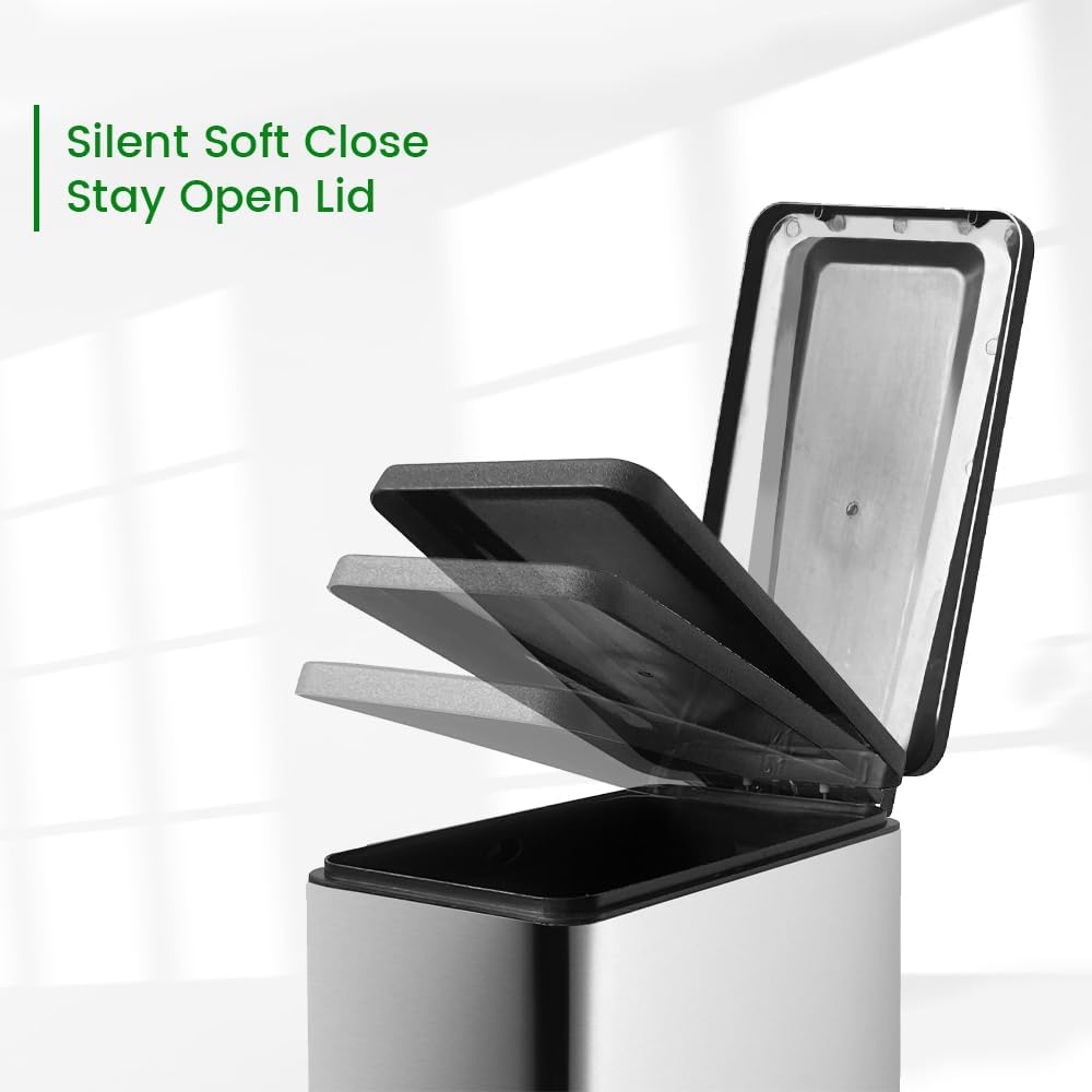 12 Gallon Trash Can with Lid，45L Kitchen Garbage Can,Stainless Steel Trash Can for Narrow Spaces with Soft-Close Lid, Inner Bucket, and Step-on Pedal