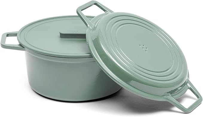 Misen 7 QT Enameled Cast Iron Dutch Oven - Chip-Resistant Enamel Coating - Thick Iron Core For Heat Retention - Large Cooking Surface - Oven Safe, Induction Compatible - Grill and Silicone Lid, Green