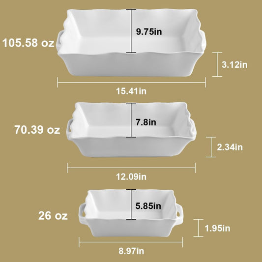 Sweejar Casserole Dishes for Oven, Ceramic Bakeware Set of 3, Rectangular Baking dish with Handles, Wave Edge Lasagna Pan Deep for Cooking, Cake, Dinner, Banquet and Daily Use (Beige)