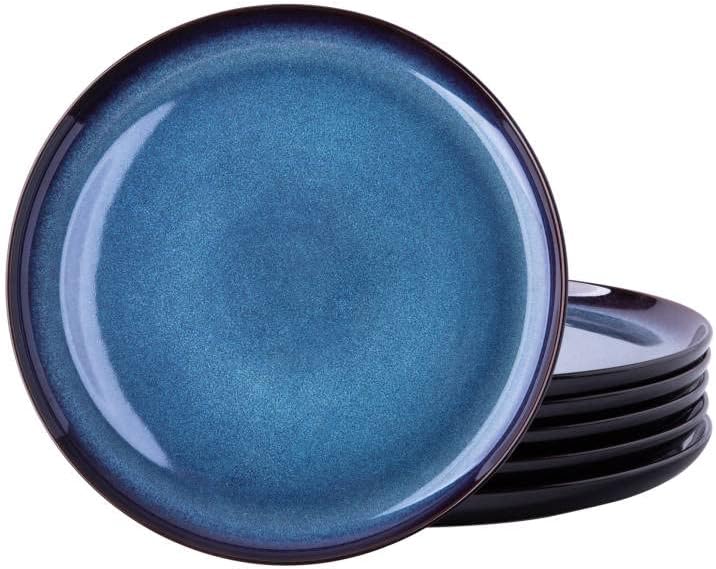 LERATIO Ceramic Plate Set of 6,8.5 Inch Reactive Glaze Light Weight Porcelain Salad Plates,Modern Shape Dinnerware Dishes Set for Kitchen,Microwave&Dishwasher&Oven Safe,Resistant-Indigo Blue