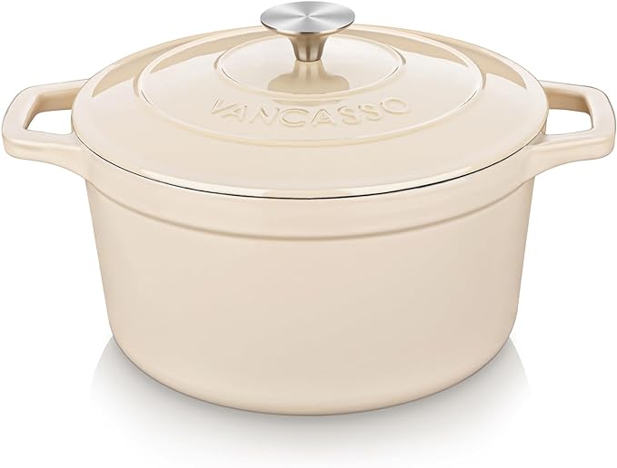 vancasso 2.5 QT Enameled Cast Iron Dutch Oven with Stainless Steel Knob Lid – Small Non-Stick Casserole for Steaming, Baking, and Roasting – Cream Color
