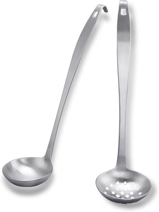 Stainless Steel Soup Ladle,Serving Ladle Scoop And Slotted Spoon Set Of 2 with Hook and Hole for Easy Hanging,Cooking Utensils Set for Kitchen