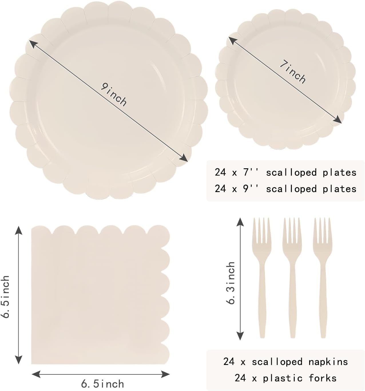 96 Pcs Ivory Plates and Napkins Party Supplies Serve 24 Guests Including Baby Ivory Scalloped Paper Plates and Napkins Plastic Forks for Baby Shower Birthday Party Disposable Dinnerware Set