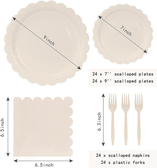 96 Pcs Ivory Plates and Napkins Party Supplies Serve 24 Guests Including Baby Ivory Scalloped Paper Plates and Napkins Plastic Forks for Baby Shower Birthday Party Disposable Dinnerware Set