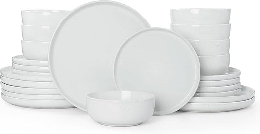 Famiware Dawn 24 Pieces Dinnerware Set, Speckled Plates and Bowls Sets for 8, Matte Dish Set, Microwave and Dishwasher Safe, White