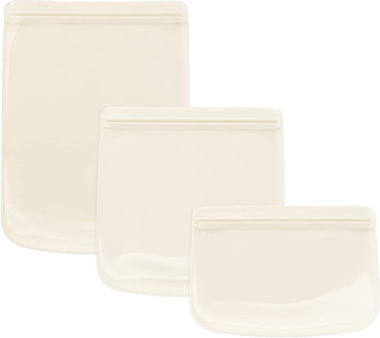 W&P Porter Silicone Reusable Storage Bags, Flat Variety 3 Pack (10oz, 34oz, 46oz), Cream, Food Storage Container, Microwave and Dishwasher Safe, Easy Cleaning