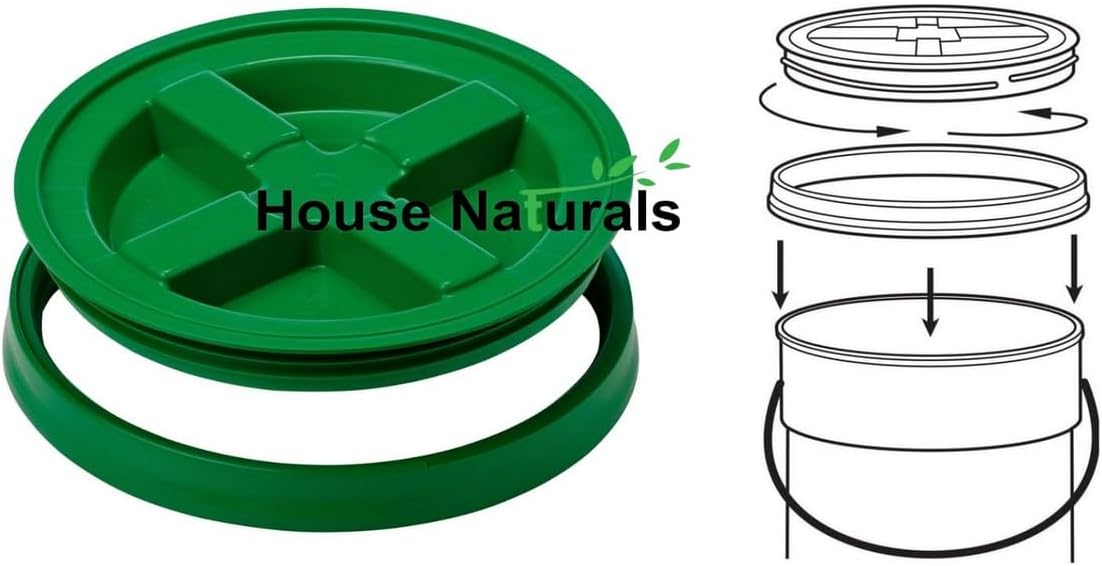 House Naturals 5 Gallon Plastic Yellow Food Grade BPA Free Made in USA Bucket Pail with Air Tight Double Gasket Screw on Lid(Pack of 3) (Yellow and Green lids)