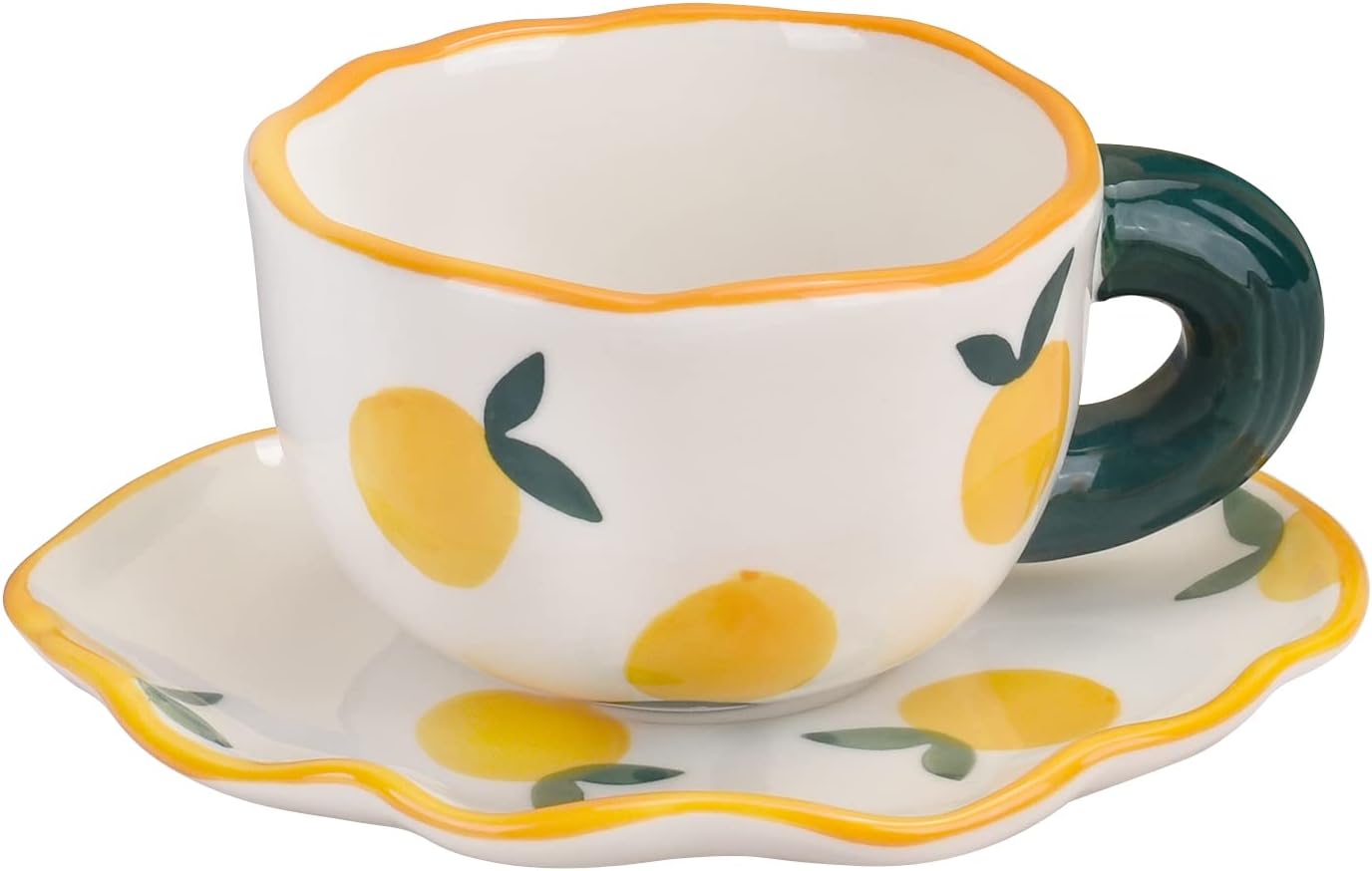 Koythin Ceramic Coffee Mug with Saucer Set, Cute Creative Cup Unique Irregular Saucer Design for Office and Home, Dishwasher and Microwave Safe, 6 oz/180 ml for Latte Tea Milk (Fresh Orange)