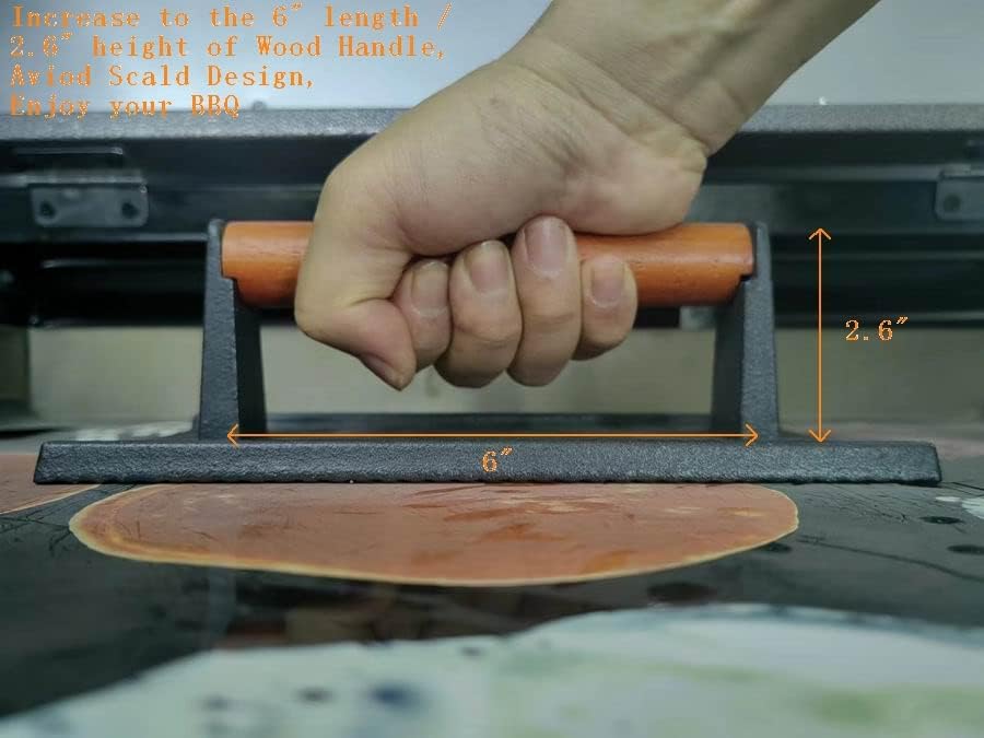 Firsgrill 8.3"×4.3" Heavy-duty Cast Iron Grill Burger Press and Meat Steak with Wood Handle for Blackstone Camp Chef Pitboss Weber Griddle Grills (Rectangle)