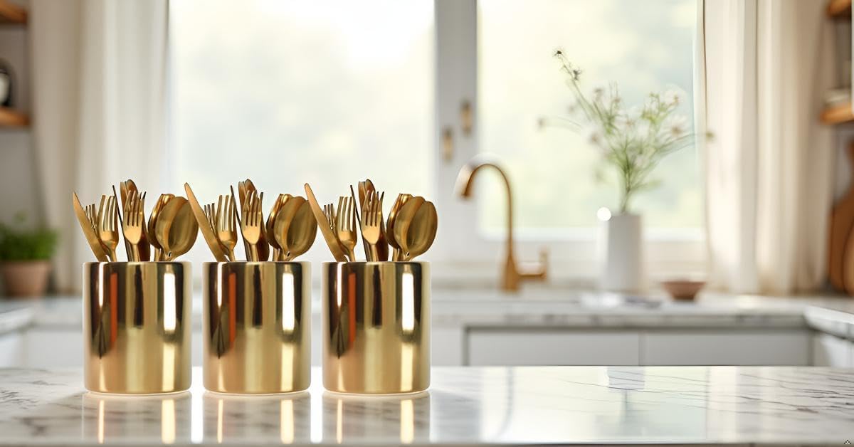 Gold Utensils Holder, Caddy Cutlery Holder Silverware, Utensils Organizer Elegant white Porcelain, Spoon Holder for Party Tableware Holder for Kitchen Table, Cabinet