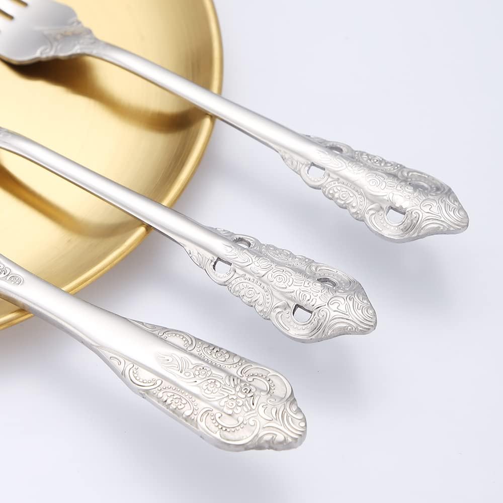 Antique Silverware Set for 8 Silvery Royal Flatware Stainless Steel 40 Pieces Eating Utensils Vintage Fork Knife Spoon Luxury Home Kitchen Restaurant Festival Parties