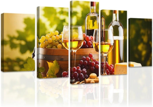 DOARTDO 5 Pieces Kitchen Wall Art Wine and Fruit Grape Pictures Food Canvas Prints Red Wine Cups Painting Large Kitchen Dining Room Bar Cellar Decor Framed (Yellow, (16x24inx2 16x32inx2 16x40inx1))