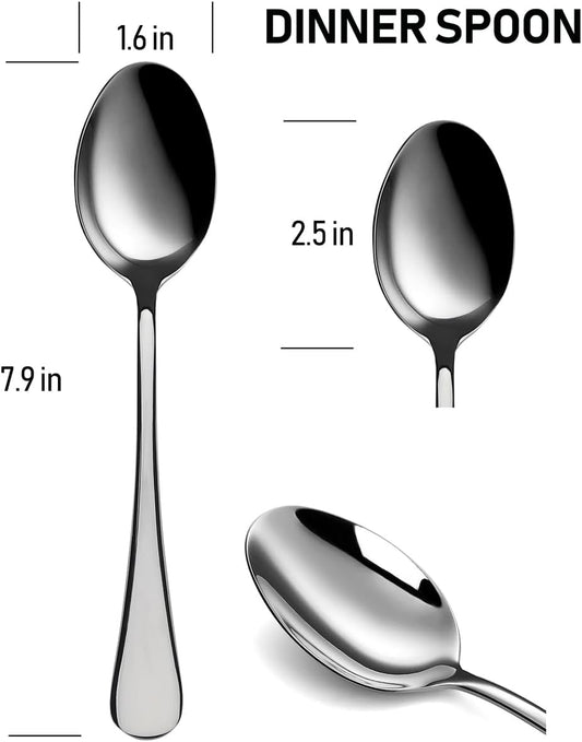 WYT Dinner Spoons Set for 8, Stainless Steel 8-Piece Flatware Spoons Set, Modern Silverware Dinner Spoon, Mirror Polished, Dishwasher Safe, 7.9 Inches