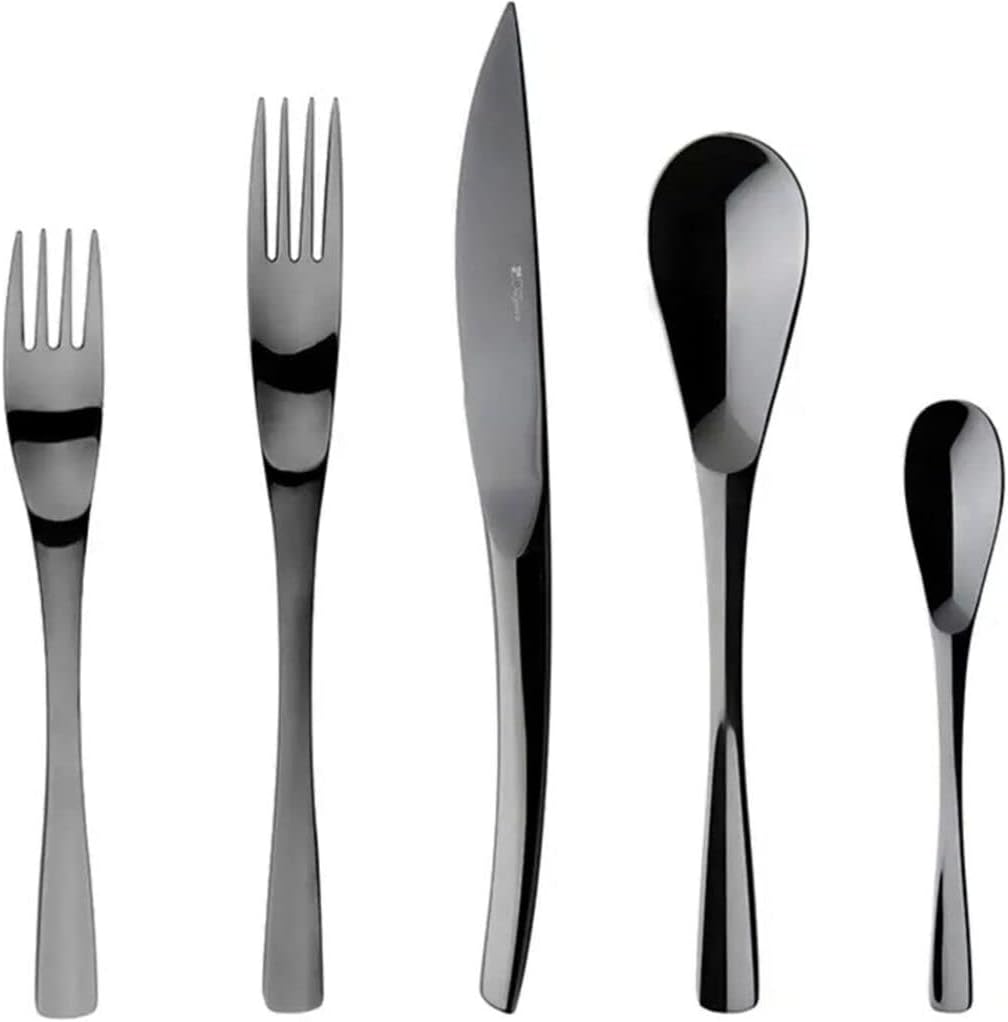 Degrenne XY Black Mirror French Luxury Cutlery Set - 5 Piece Silverware Set, Includes Forks, Spoons & Knife, Stainless Steel Flatware, Made in France, Dishwasher Safe - Black