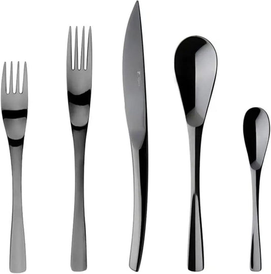 Degrenne XY Black Mirror French Luxury Cutlery Set - 5 Piece Silverware Set, Includes Forks, Spoons & Knife, Stainless Steel Flatware, Made in France, Dishwasher Safe - Black