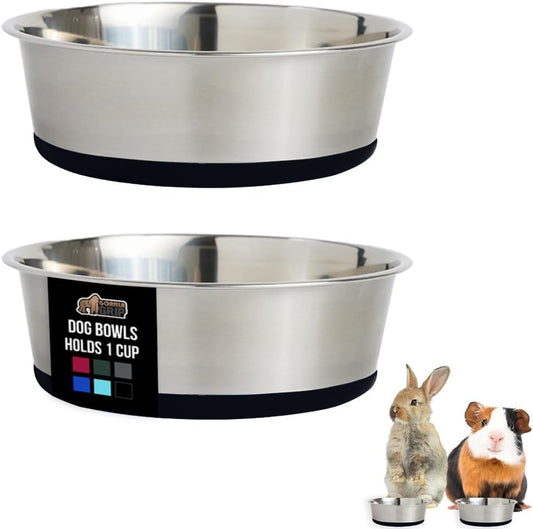 GORILLA GRIP Set of 2 Dog Bowls, Heavy Duty Metal Food and Water Bowl for Feeding Dogs and Cats, Dishwasher Safe, Rust Resistant Stainless Steel, BPA Free Rubber Base, Holds 1 Cup (8 fl oz), Black
