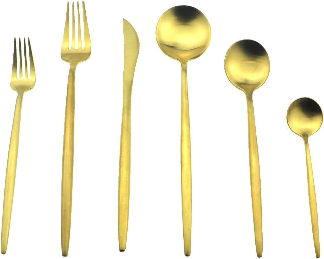 Gugrida Luxury Silverware Royal Cutlery Set - 24 Piece Flatware Set - Service For 4 18/10 Stainless Steel - Matte Gold Finish w/Drinking Straw