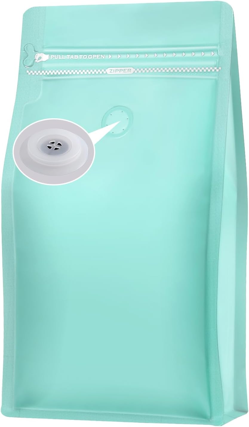 REMTAP Coffee Bags with Valve(100pcs,16oz) Tiffany Blue High Barrier Aluminumed Foil Flat Bottom Standing Coffee Beans Storage Bags,Reusable Heat Sealable Side Zipper Pouches for Home or Store