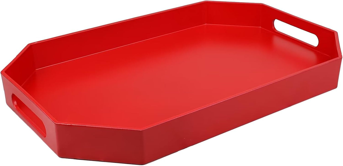 Red Octagonal Serving Tray with Handles for Coffee Table, Plastic Decorative Tray for Ottoman, Kitchen Counter, Living Room, Outdoor Lacquer Tray for Entertaining