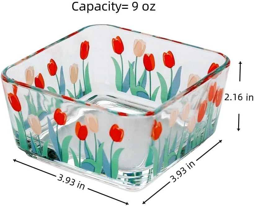 9 OZ Small Flower Candy Dish Floral Candy Bowl Cute Tulip Square Glass Bowl for Snack,Dessert,Fruit,Icecream,Yogurt,Dipping,Prep,Mini Clear Serving Bowl,set of 2