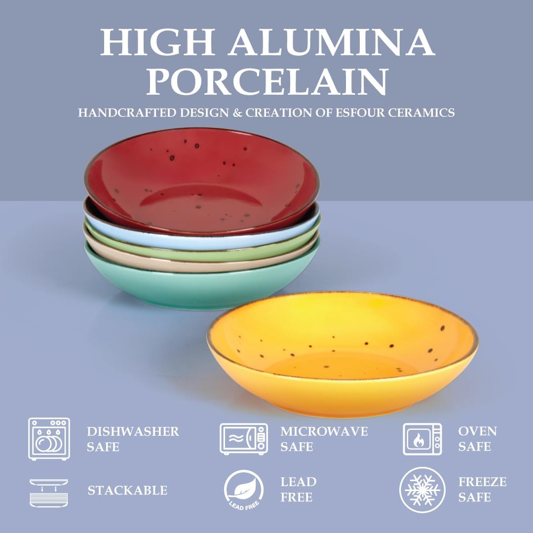 Esfour 8 Inch Porcelain Pasta Bowl, 23.6 Ounces Salad Bowls, Microwave & Dishwasher Safe, Sturdy & Stackable, Set of 6 Ceramic bowls Plates Set, Wide Shallow salad Bowls Set, Vivid Assorted Colors