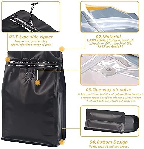 REMTAP Coffee Bags with Valve(100pcs,12 oz) balck High Barrier Aluminumed Foil Flat Bottom Standing Coffee Beans Storage Bags,Reusable Heat Sealable Side Zipper Pouches for Home or Store