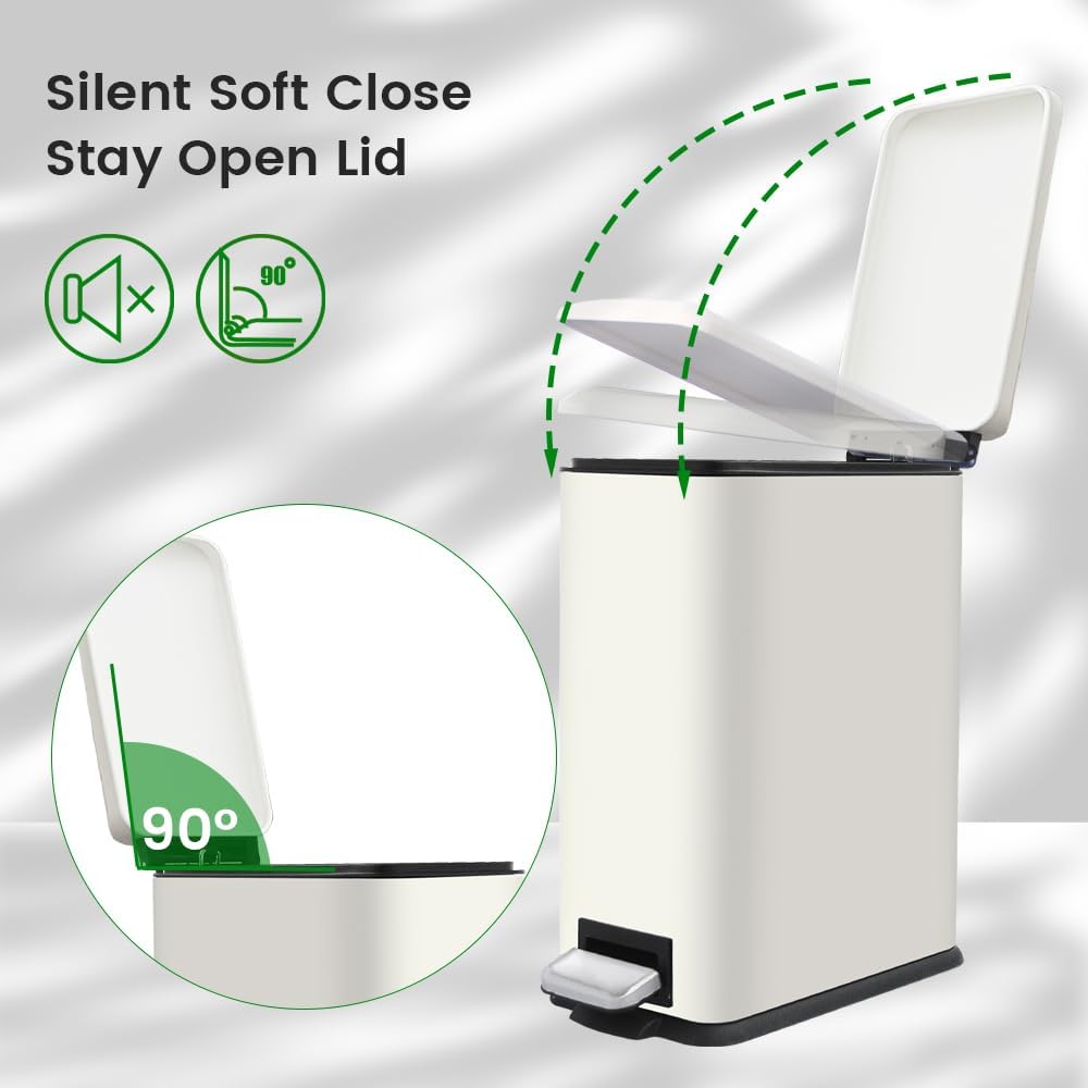 Large Bathroom Trash Can, 16.7L/ 4.4 Gallon Trash Can with Removable Wastebasket, Hand Free Garbage Can with Soft close Lid, Stainless Steel Skinny Trash Bin for Bedroom, Home Office, White