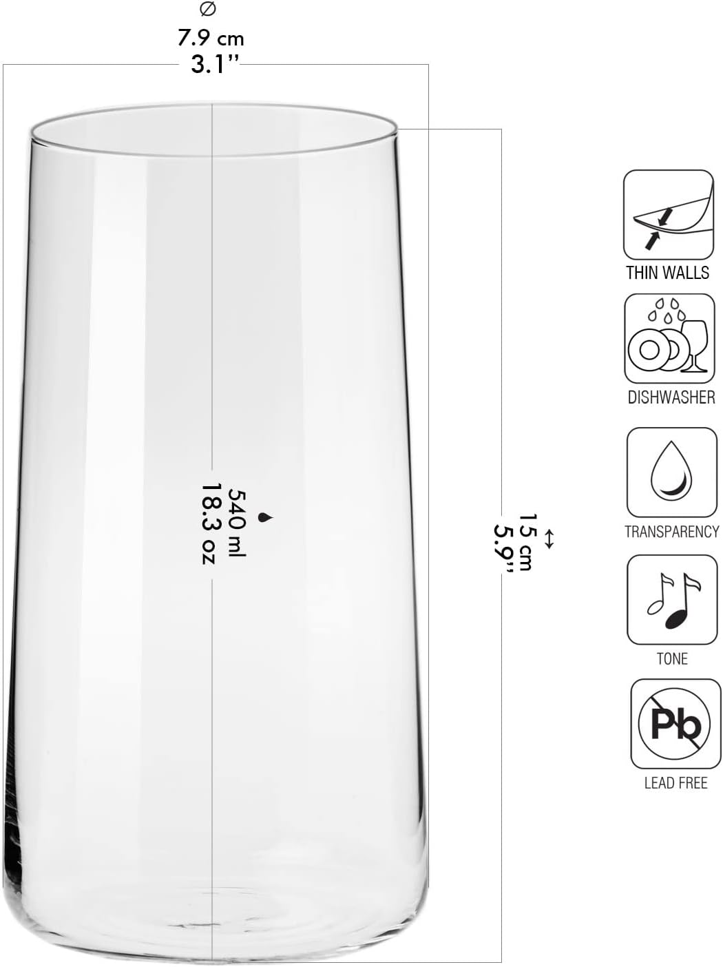 Krosno Tall Water Glasses, Set of 6, 18.3 oz, Avant-Garde Collection, Lightweight Crystal Glass, Perfect for Everyday, Dishwasher Safe, Made in Europe