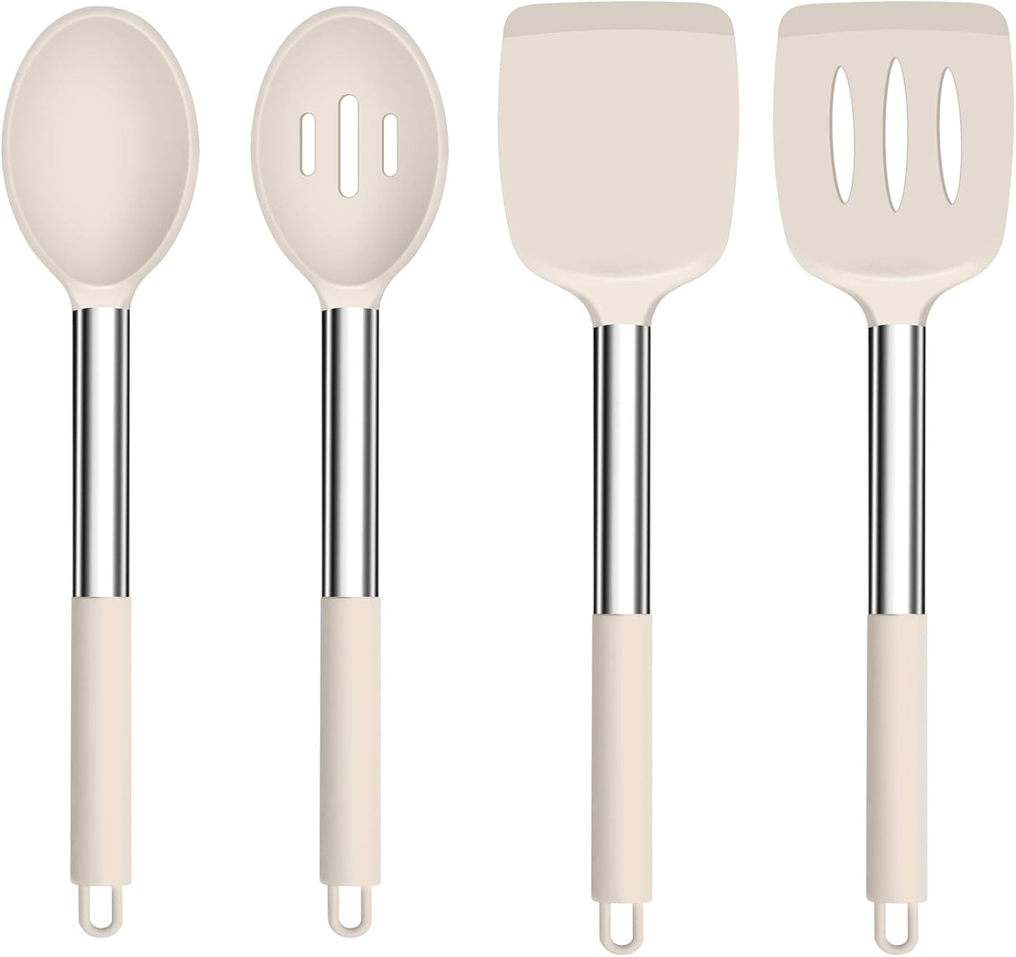 TeamFar Kitchen Utensils, 4 PCS Silicone Cooking Utensils Spatula Spoon Set with Stainless Steel Handle, for Frying Mixing Draining Turning, Healthy & Heat-proof, Non-stick & Dishwasher Safe - Khaki