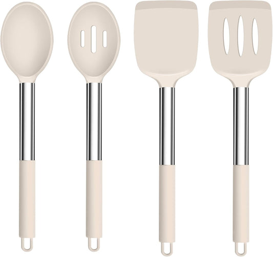 TeamFar Kitchen Utensils, 4 PCS Silicone Cooking Utensils Spatula Spoon Set with Stainless Steel Handle, for Frying Mixing Draining Turning, Healthy & Heat-proof, Non-stick & Dishwasher Safe - Khaki
