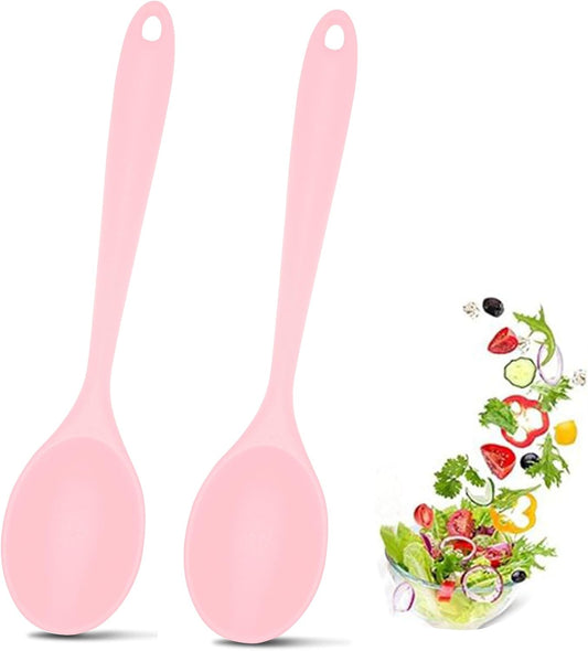 2 Pcs Silicone Nonstick Mixing Spoon, Silicone Spoons for Cooking Heat Resistant, Cooking Utensil for Kitchen Cooking Baking Stirring Serving (Pink)