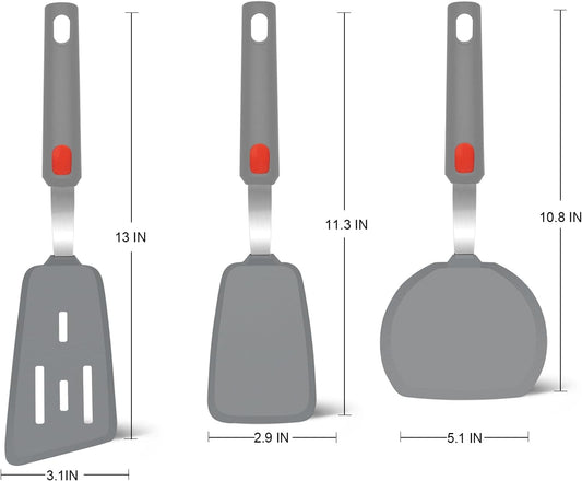 Beijiyi Silicone Spatula Turner Set of 3, 600°F Heat Resistant Nonstick Turner Spatulas for Kitchen Use, Large Flexible Silicone Cooking Utensils Rubber Spatula Set for Egg, Pancake, Fish (Gray)