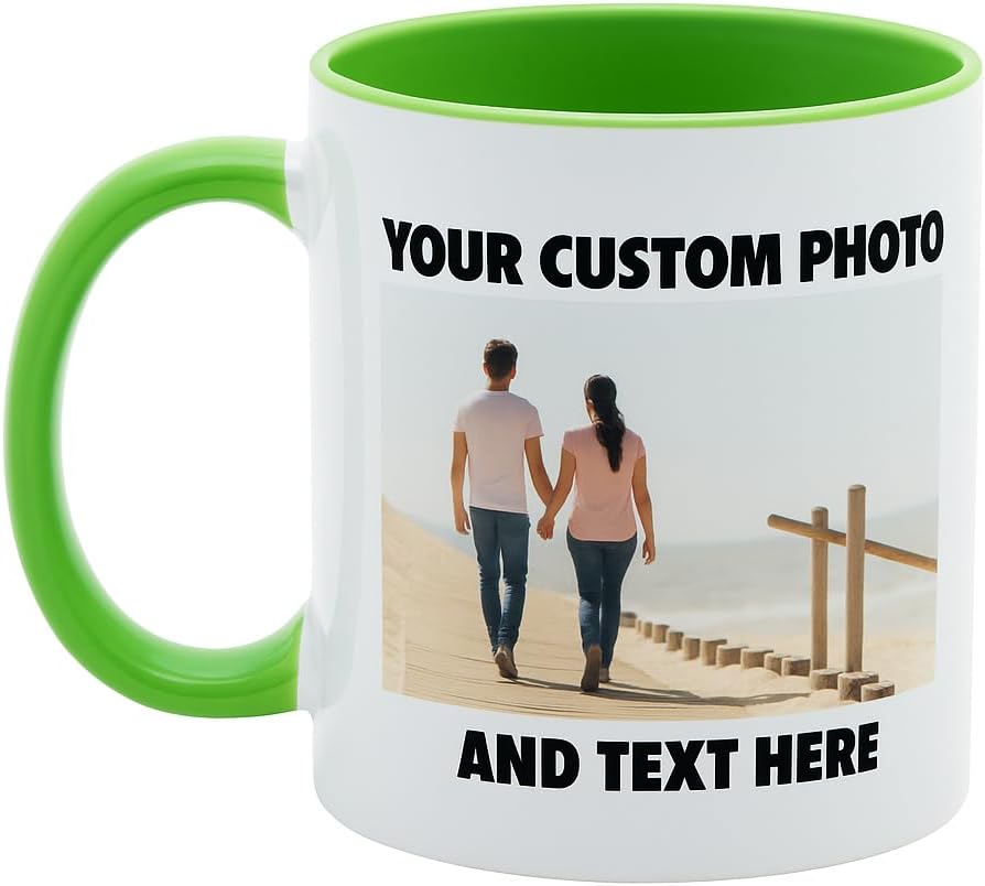 Personalized Coffee Mug | Custom Photo, Text, or Logo Cup (11oz, Lime Green Rim, Inner, and Handle) |Dishwasher & Microwave Safe |Unique Gift for Men & Women –Taza Personalizada