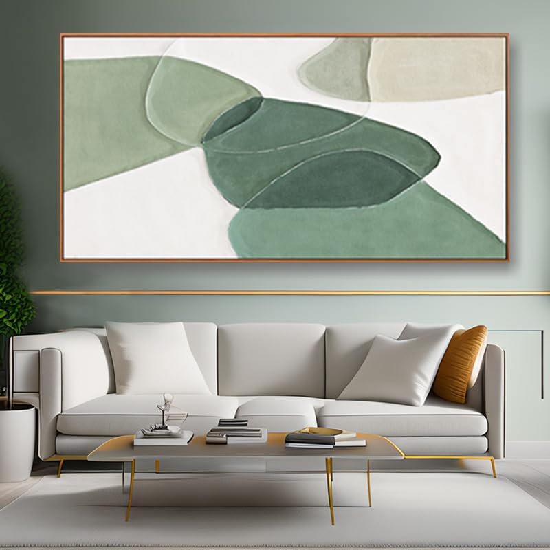 Modern Wall Art Large Geometric Green And White Geometric Color Block Line Art Painting Artwork Canvas Simple Picture Textured Artwork Framed For Living Room Bedroom Office Home Decor 29"X 58"