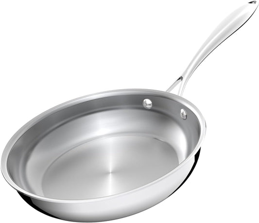 9.5 Inch Stainless Steel Frying Pan, 5-Ply Stainless Steel Skillet, Dishwasher and Oven Safe, Induction Pan, Even Heat Distribution