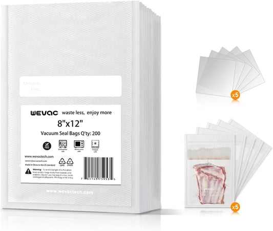 Wevac 8" x 12" Precut Vacuum Sealer Bags, 200 Count, Includes 5 Liquid Block Bags & 5 Bone Guard Pieces, Heavy Duty for Food Storage, Sous Vide & Meal Prep